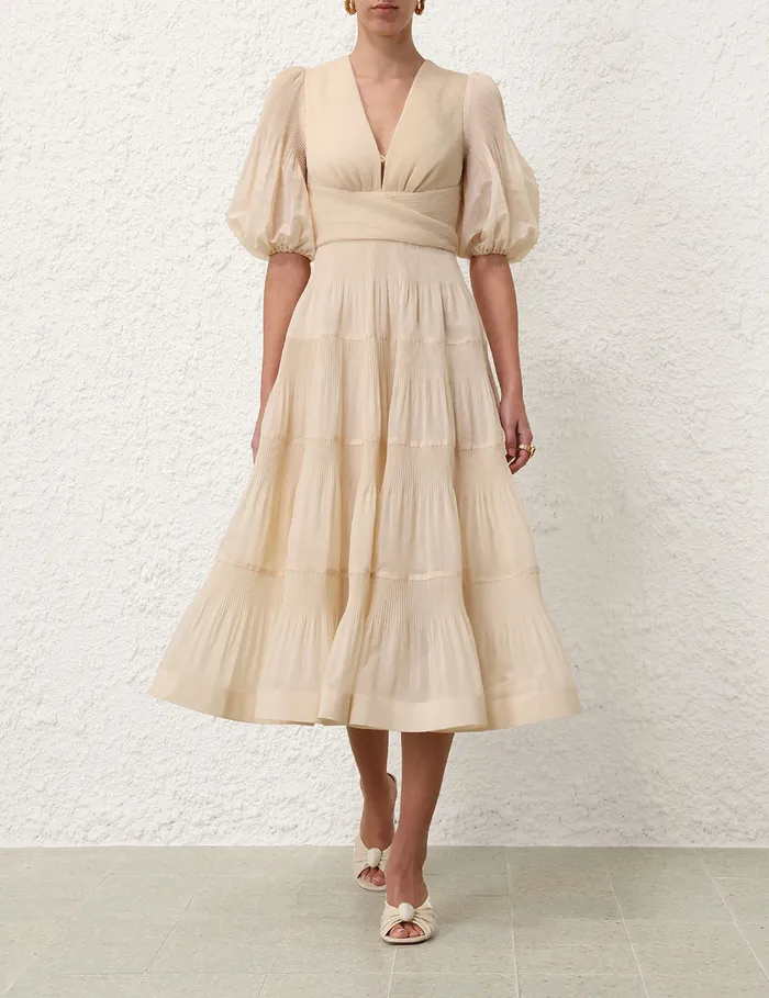 Women Zimmermann Clothing Pleated Midi Dress Cream