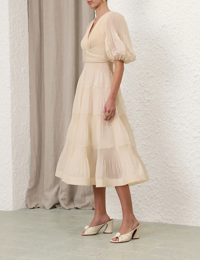 Women Zimmermann Clothing Pleated Midi Dress Cream