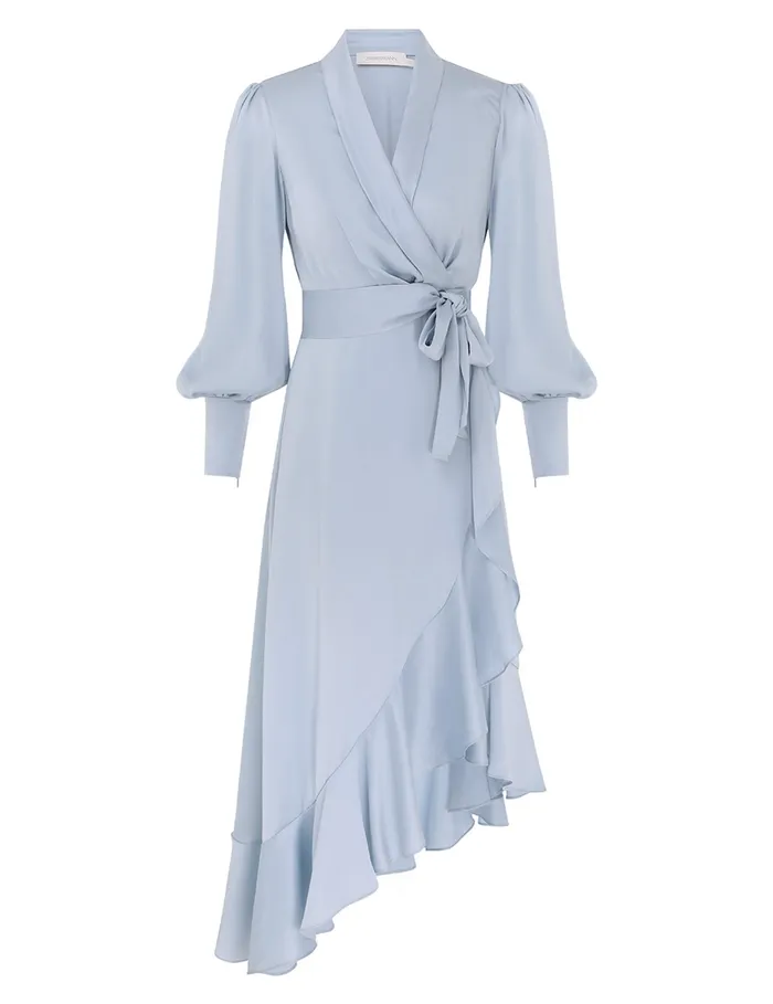 Women Zimmermann Clothing Silk Wrap Midi Dress Pale Blue