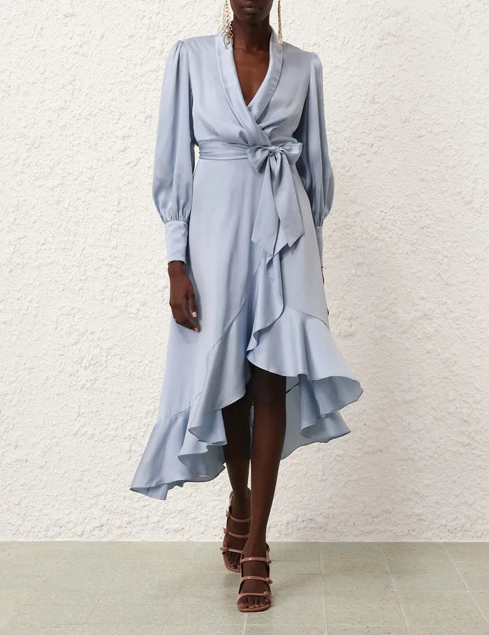 Women Zimmermann Clothing Silk Wrap Midi Dress Pale Blue