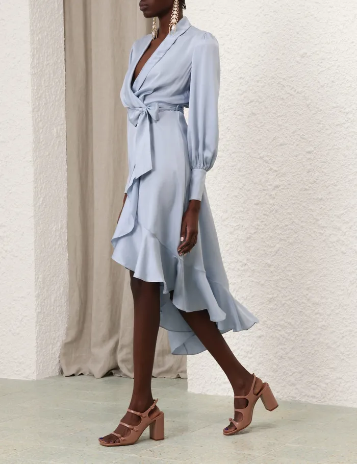Women Zimmermann Clothing Silk Wrap Midi Dress Pale Blue