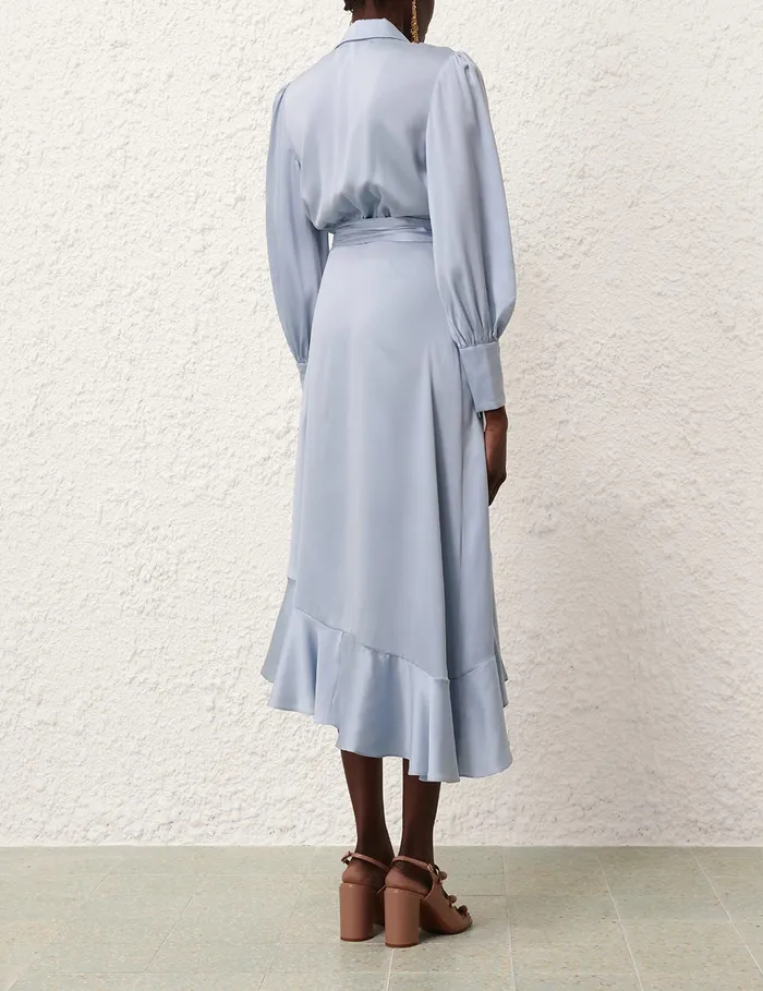 Women Zimmermann Clothing Silk Wrap Midi Dress Pale Blue