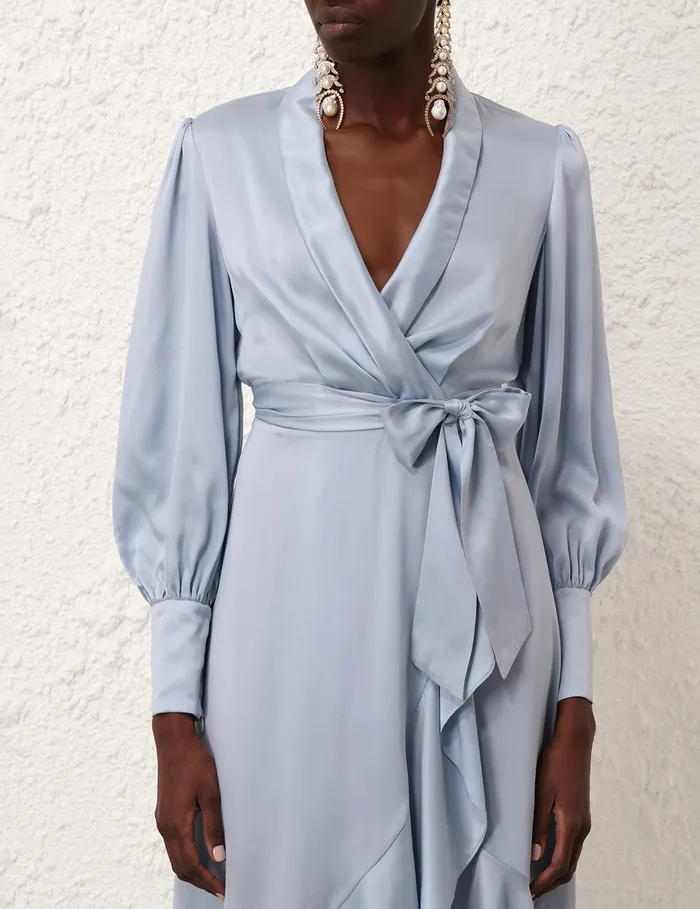 Women Zimmermann Clothing Silk Wrap Midi Dress Pale Blue