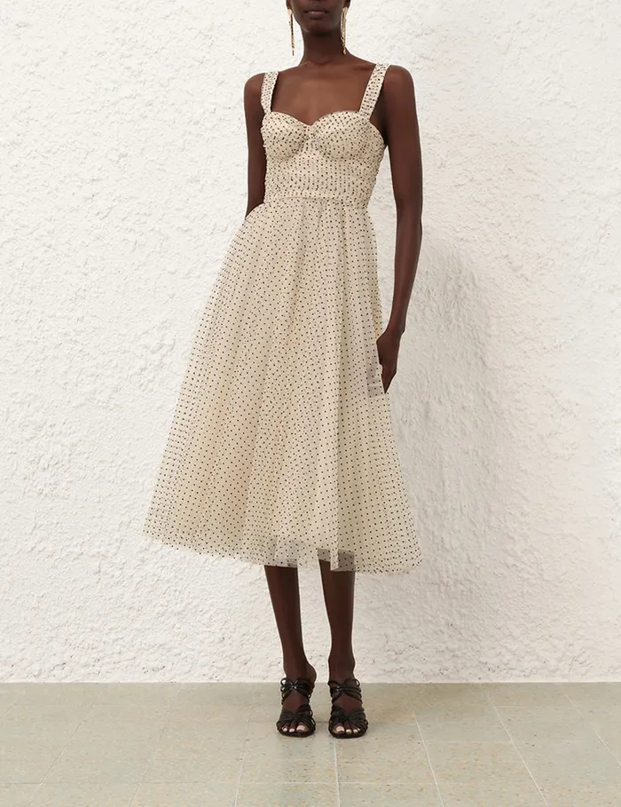 Women Zimmermann Clothing Tulle Midi Dress Creamblack Dot