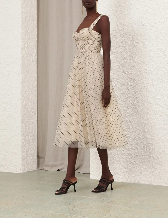 Women Zimmermann Clothing Tulle Midi Dress Creamblack Dot