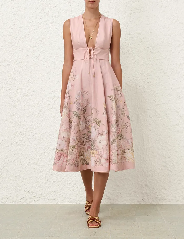 Women Zimmermann Clothing Waverly Plunge Midi Dress Pink Floral