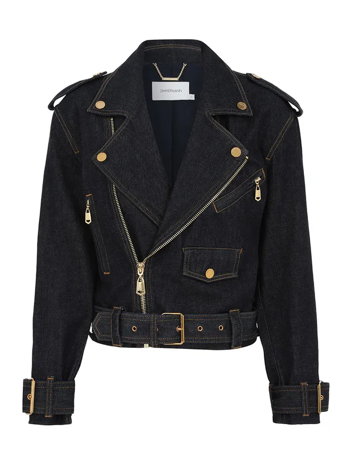 Women Zimmermann Denim Crush Denim Biker Jacket Night Sky