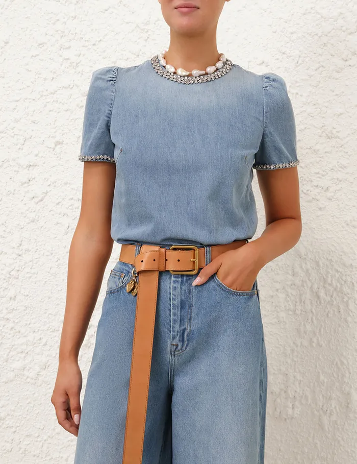 Women Zimmermann Denim Crush Embellished Denim Top Blue Moon