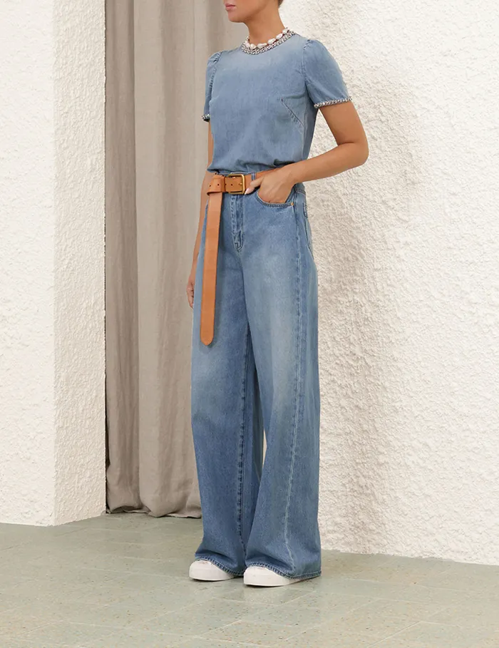Women Zimmermann Denim Crush Embellished Denim Top Blue Moon