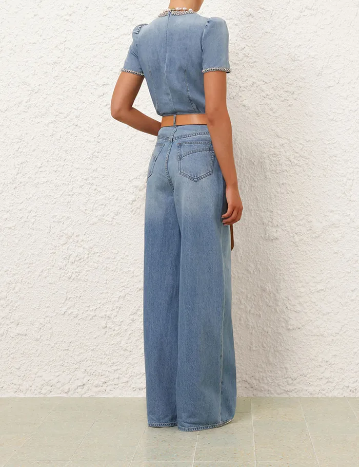 Women Zimmermann Denim Crush Embellished Denim Top Blue Moon
