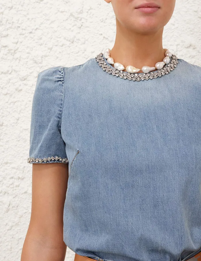 Women Zimmermann Denim Crush Embellished Denim Top Blue Moon
