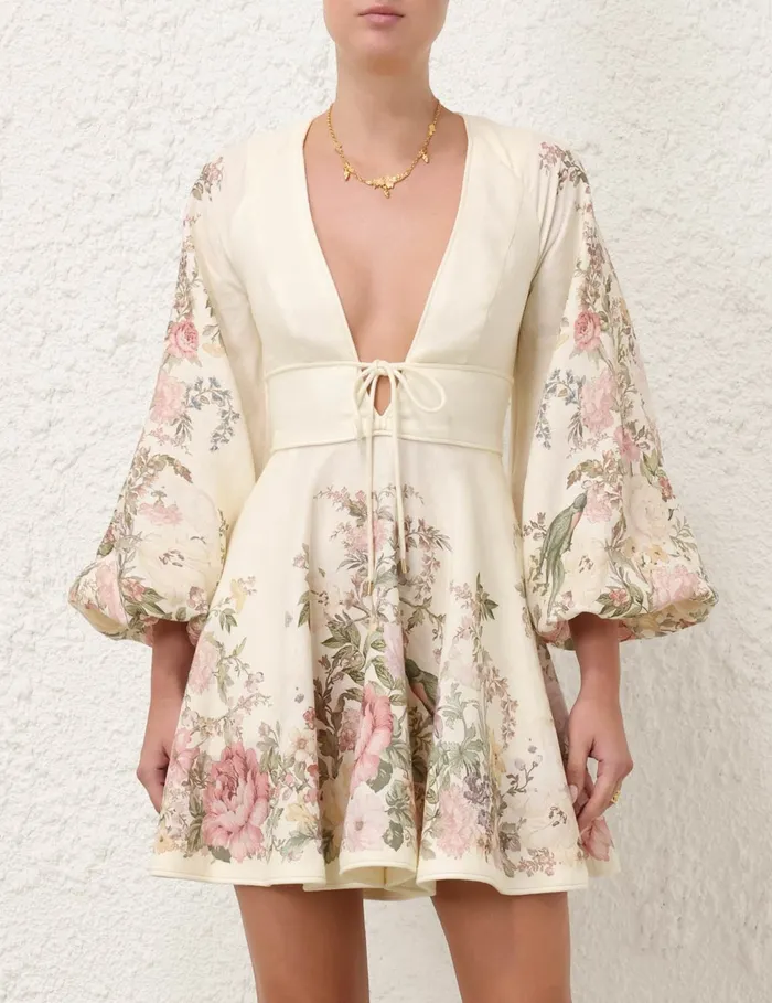Women Zimmermann Dresses and Coverups Waverly Plunge Mini Dress Cream Floral