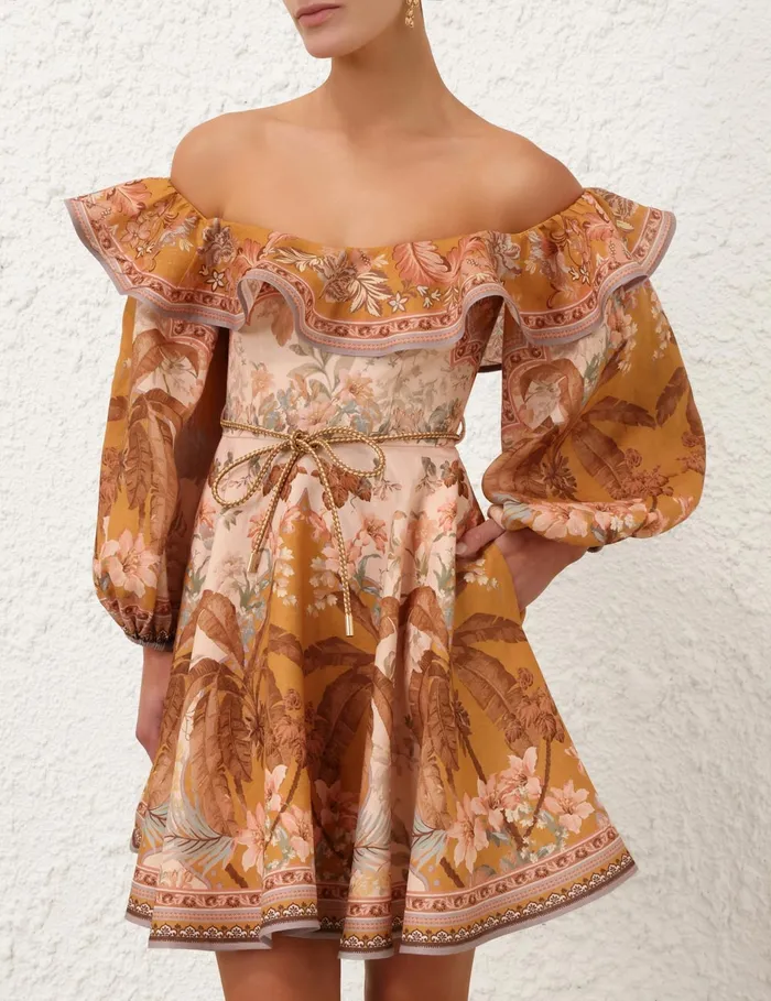 Women Zimmermann Dresses and Coverups Wylie OffShoulder Mini Dress Mustard Floral
