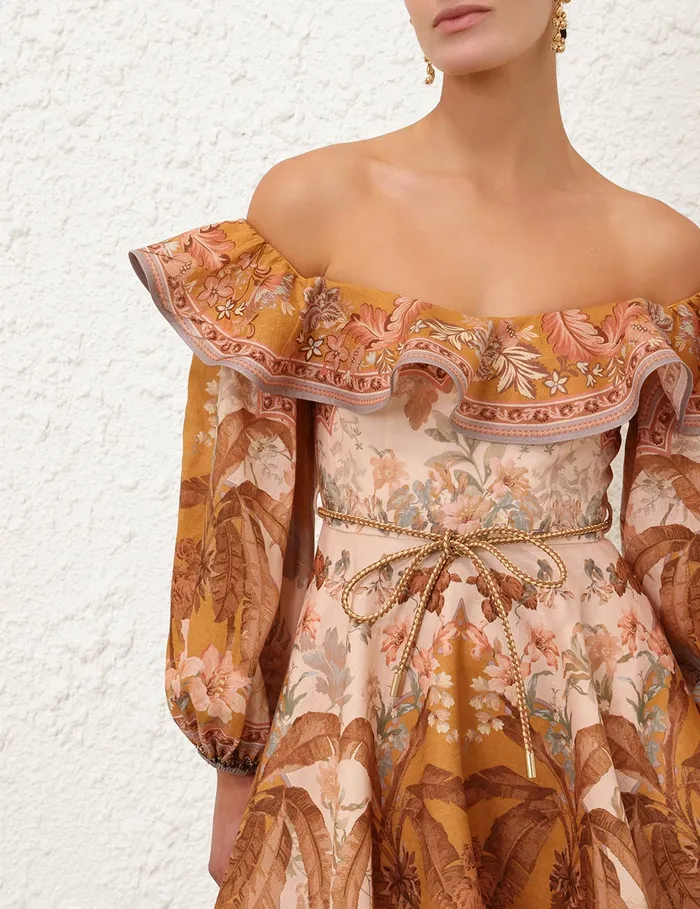 Women Zimmermann Dresses and Coverups Wylie OffShoulder Mini Dress Mustard Floral