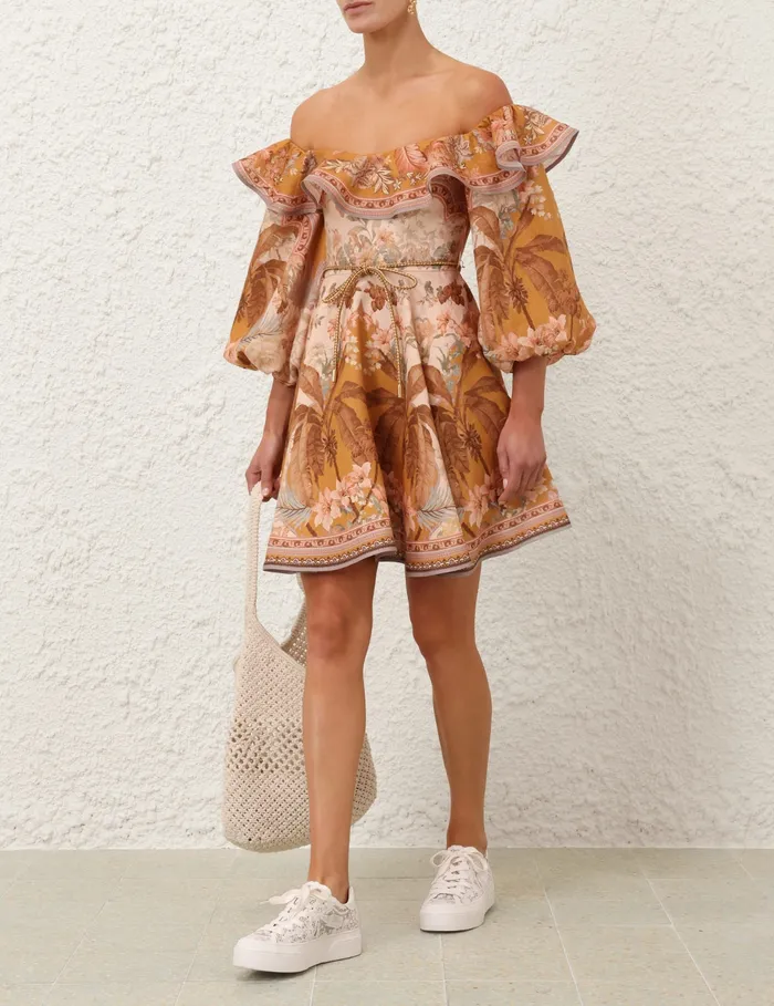 Women Zimmermann Dresses and Coverups Wylie OffShoulder Mini Dress Mustard Floral