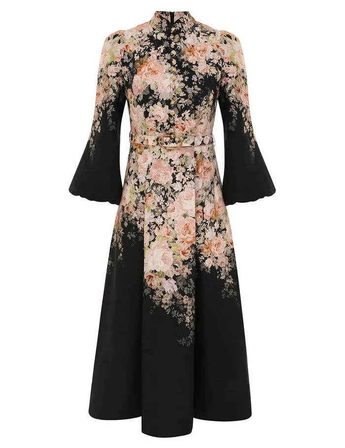 Women Zimmermann Dresses Illustration Buttoned Midi Black Rococo Floral