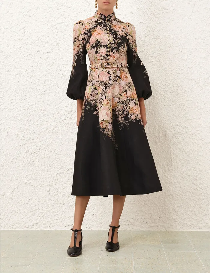 Women Zimmermann Dresses Illustration Buttoned Midi Black Rococo Floral