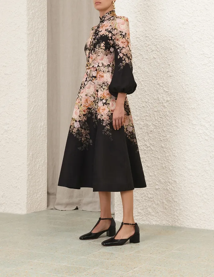 Women Zimmermann Dresses Illustration Buttoned Midi Black Rococo Floral