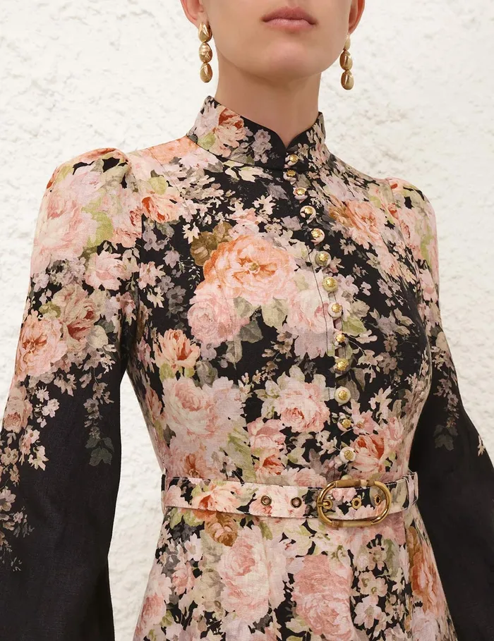 Women Zimmermann Dresses Illustration Buttoned Midi Black Rococo Floral