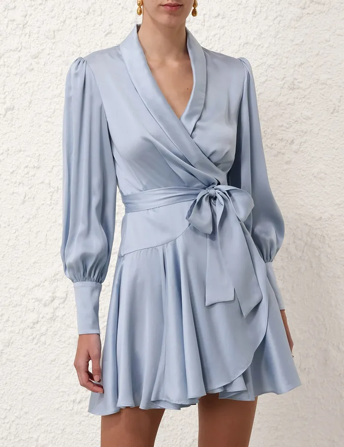 Women Zimmermann Dresses Silk Wrap Mini Dress Pale Blue