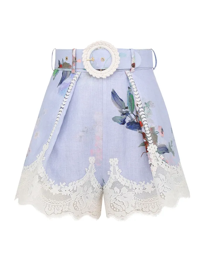 Women Zimmermann Shorts and Pants Everley Lace Trim Tuck Short Light Blue Watercolour Floral