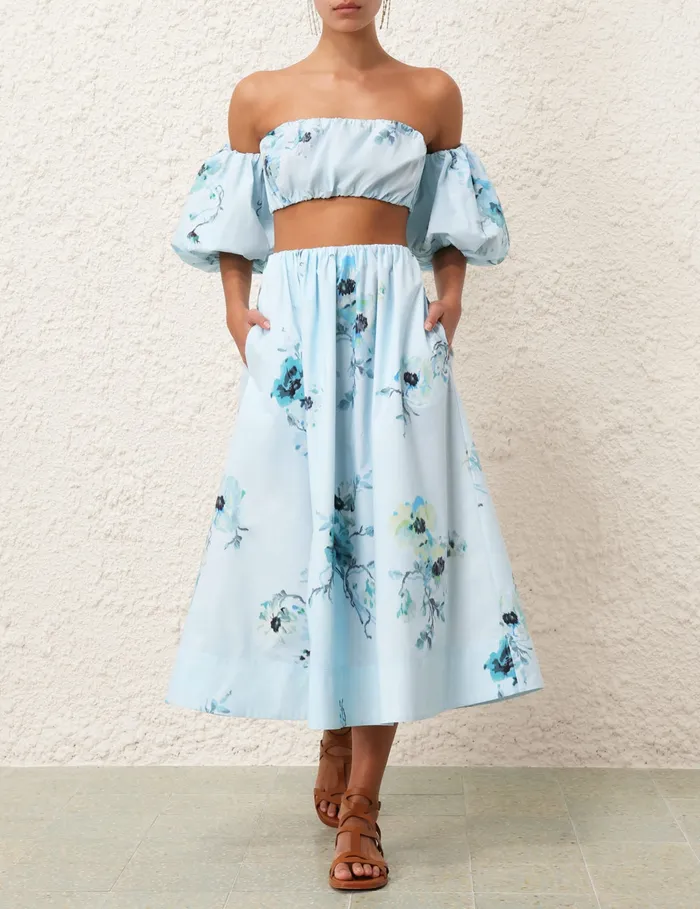 Women Zimmermann Skirts Lightburst Gathered Midi Skirt Aqua Floral
