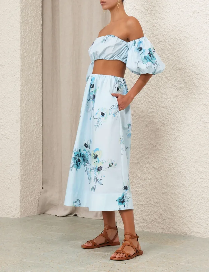 Women Zimmermann Skirts Lightburst Gathered Midi Skirt Aqua Floral