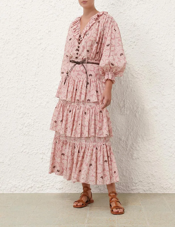 Women Zimmermann Skirts Ottie Tiered Midi Skirt Dusty Rose Floral