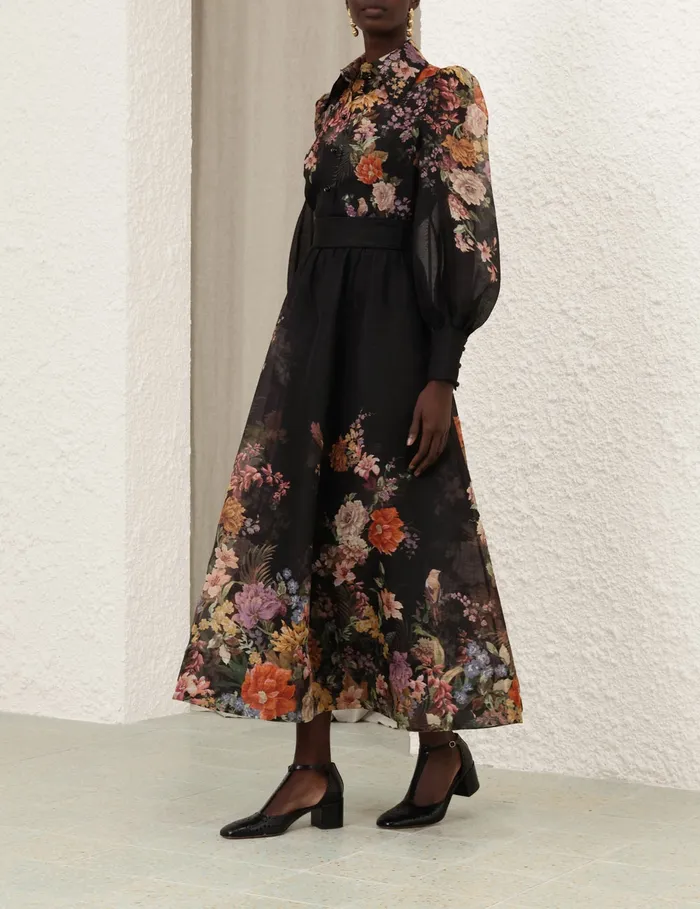 Women Zimmermann Skirts Pavilion Gathered Midi Skirt Black Multi Floral