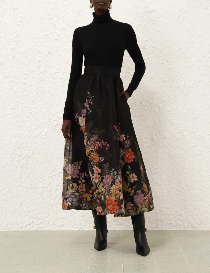 Women Zimmermann Skirts Pavilion Gathered Midi Skirt Black Multi Floral