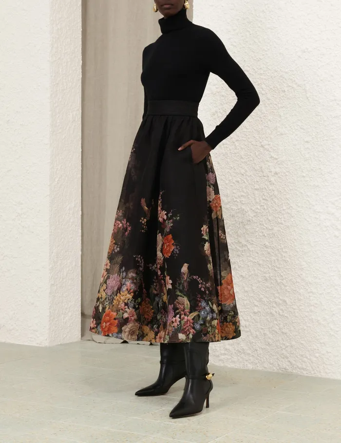 Women Zimmermann Skirts Pavilion Gathered Midi Skirt Black Multi Floral