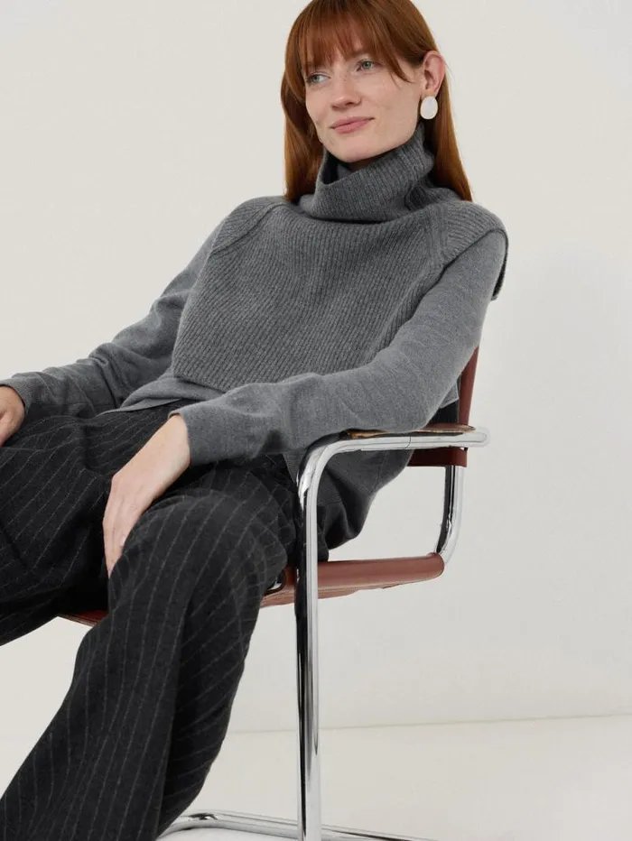 Wool Cashmere Roll Neck Bib Grey Women Jigsaw Knitwear and Cashmere