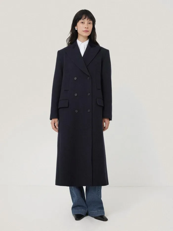 Wool Double Breasted Overcoat Navy Women Jigsaw Coats and Jackets
