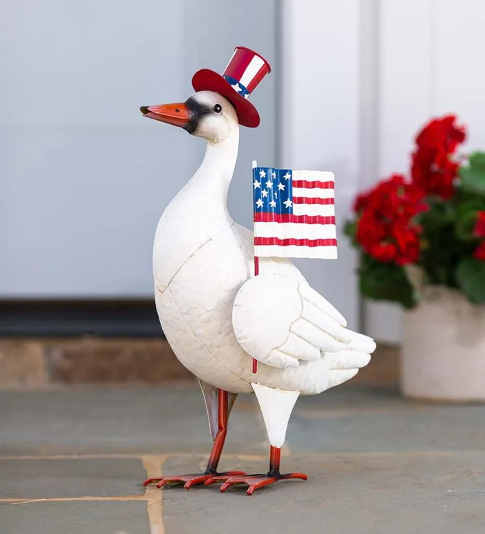 Yard and Garden Metal Patriotic Goose Statue With American Flag And Top Hat Plow and Hearth Decorative Garden Accents